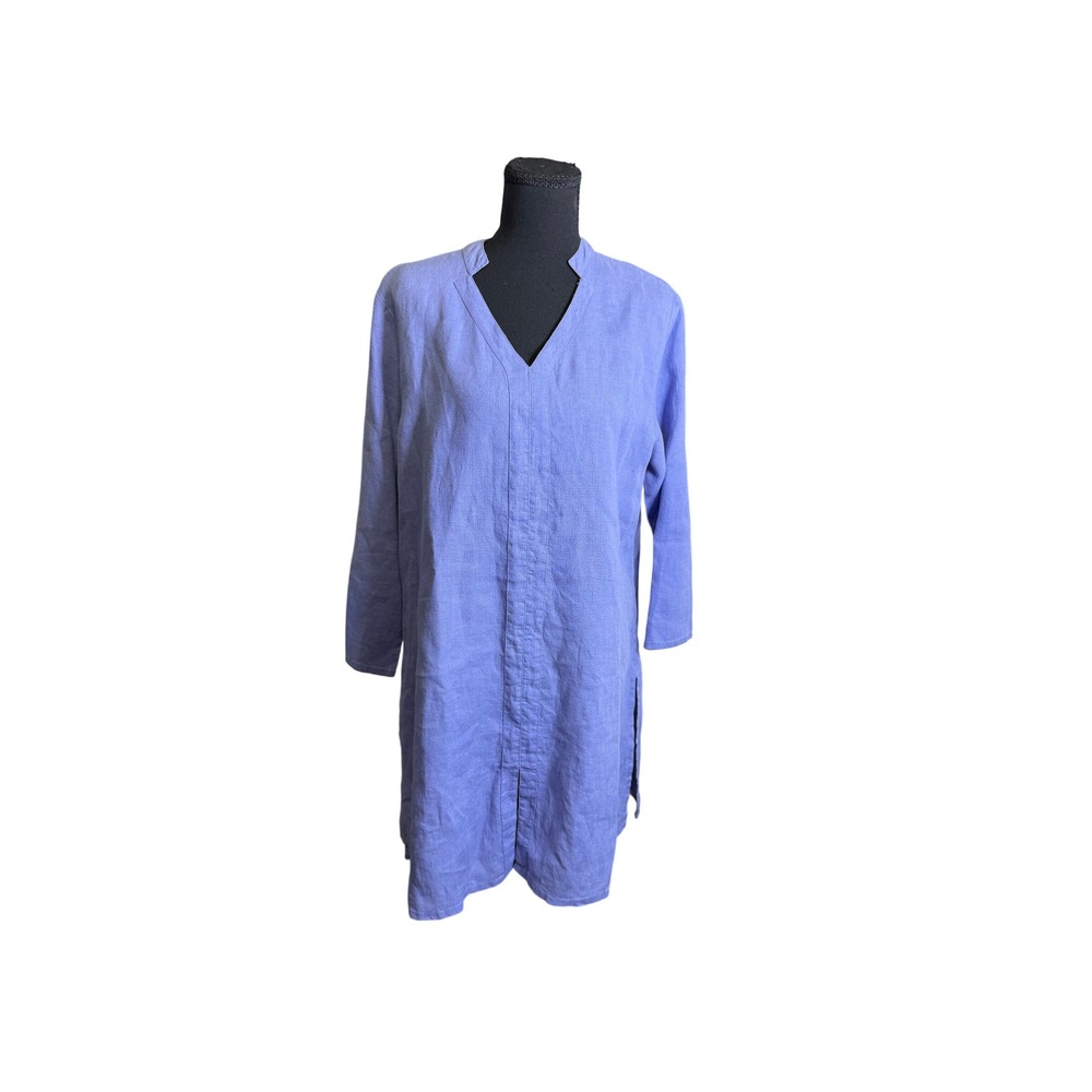 Flax Tunic Top Women S Blue Excellent 100% Linen Split V-Neck Long Sleeve Slits